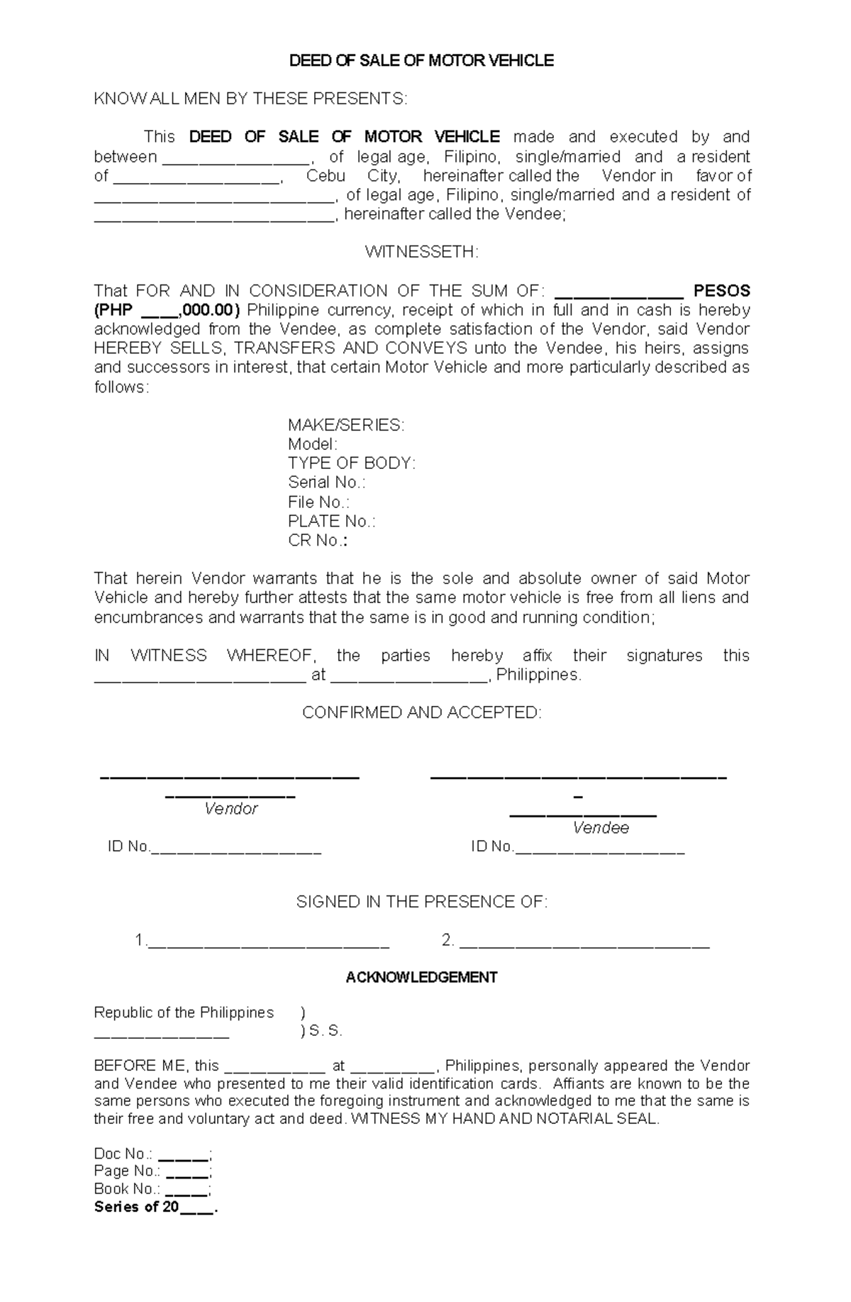 Deed Of Sale Motor Vehicle Template Deed Of Sale Of Motor Vehicle Know All Men By These 4172