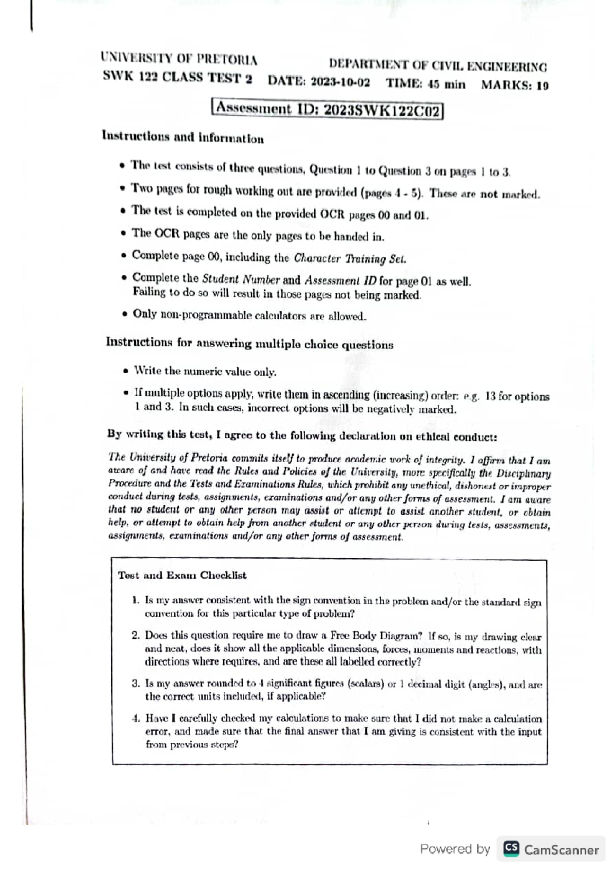 Swk122 2023 Ct2 Class Test 1 University Of Pretoria Department Of