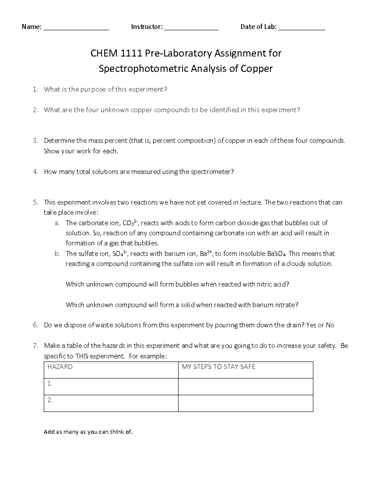 Prelab Spectrophotometric Analysis of Copper Name