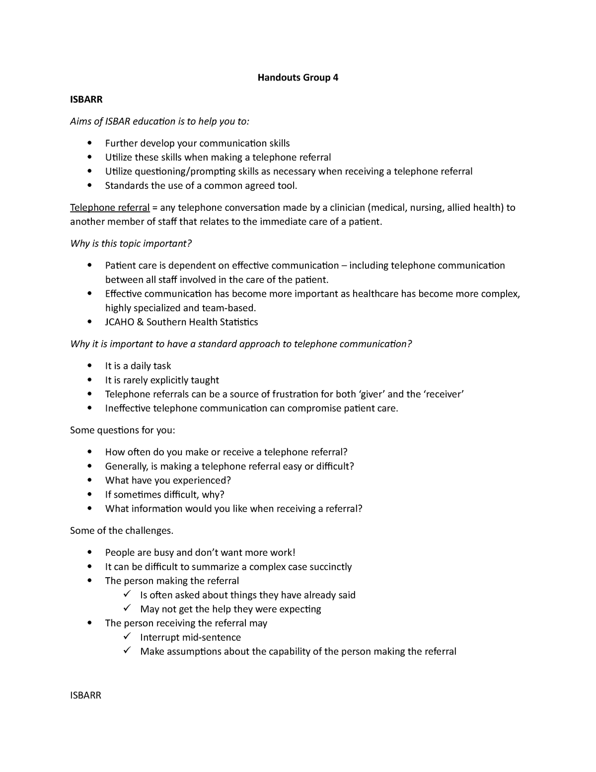 Fundamentals OF Nursing Isbarr - Handouts Group 4 ISBARR Aims of ISBAR ...