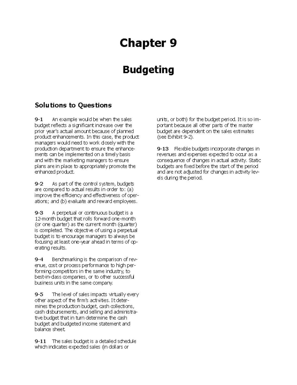 Chapter 9 - Suggested Problems - Solutions - Chapter 9 Budgeting ...