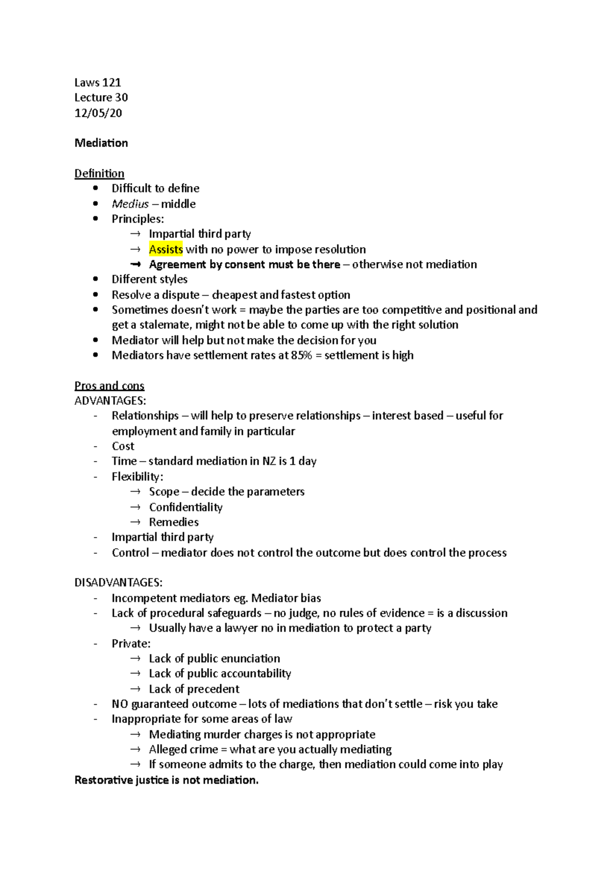 Lecture 30 - Mediation - Laws 121 Lecture 30 12/05/ Mediation ...