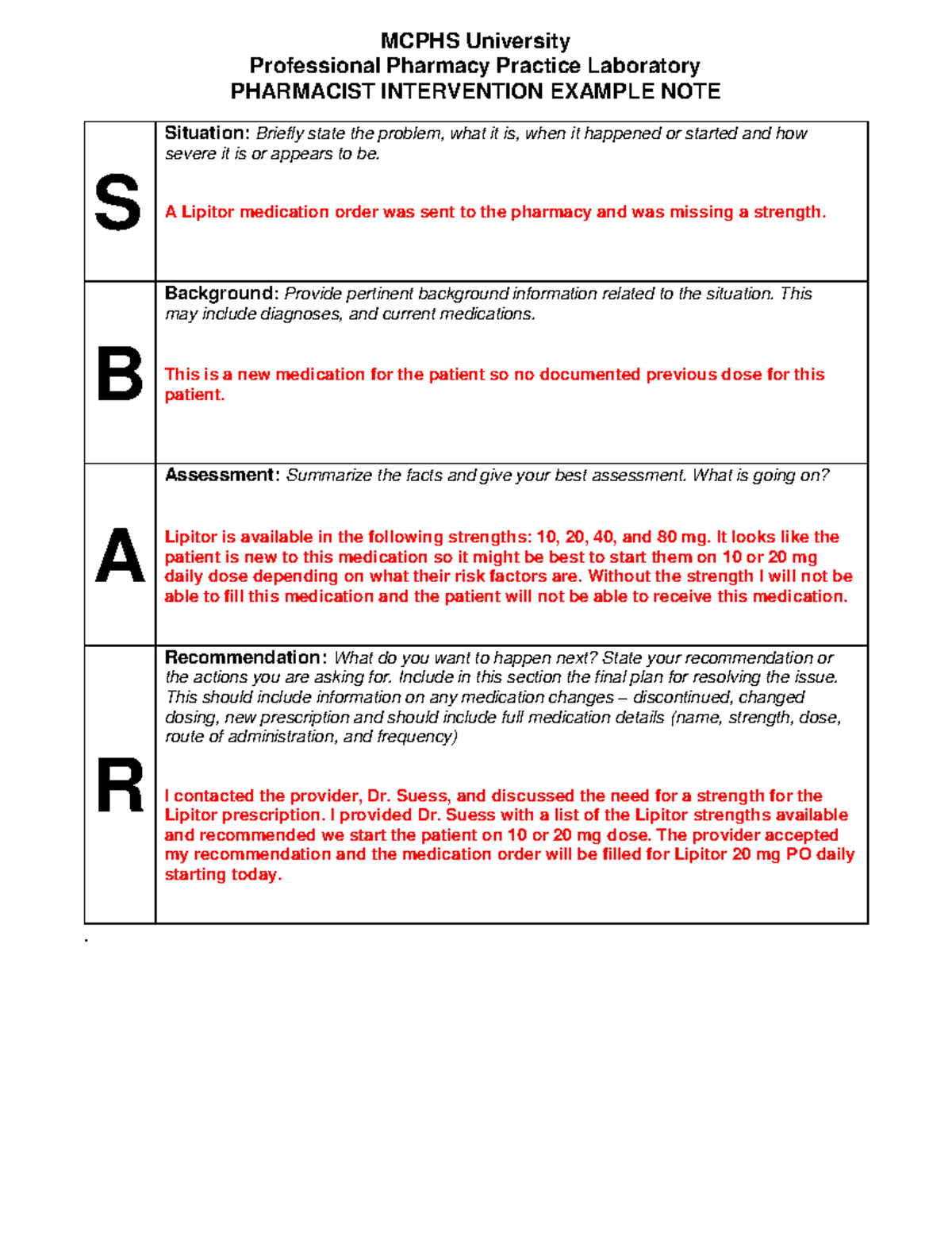 SBAR Example 1 2024 - MCPHS University Professional Pharmacy Practice ...