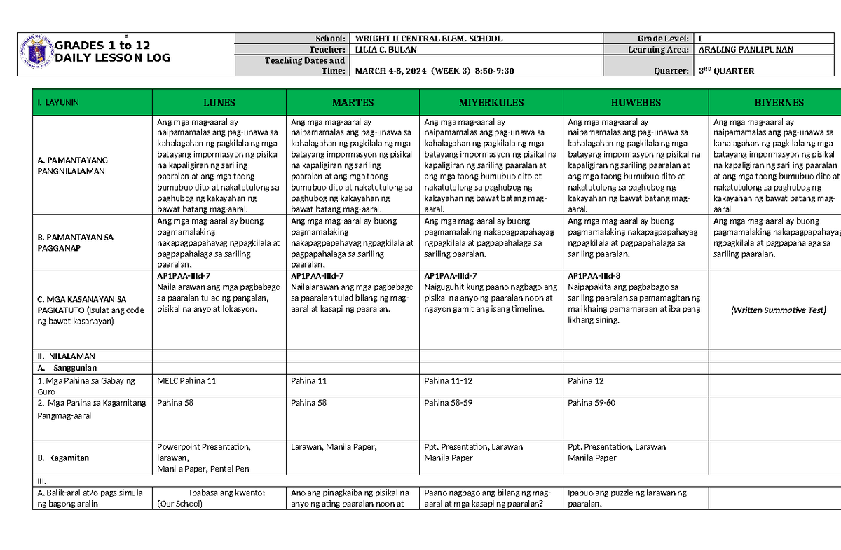 DLL Araling Panlipunan 1 Q3 W4 - 3 GRADES 1 to 12 DAILY LESSON LOG ...