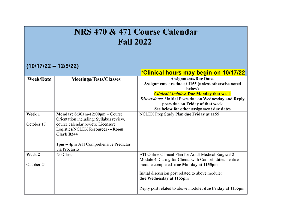 NRS 470 and NRS 471 (TRAD) Course Calendar Fall 20221 NRS 470 471