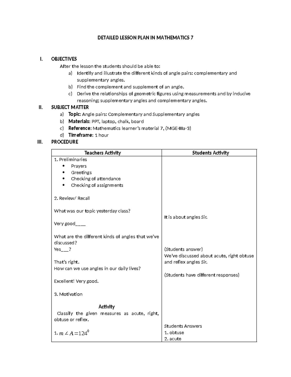 Angle pairs (Complementary and supplementary angle) grade 7 DLP ...