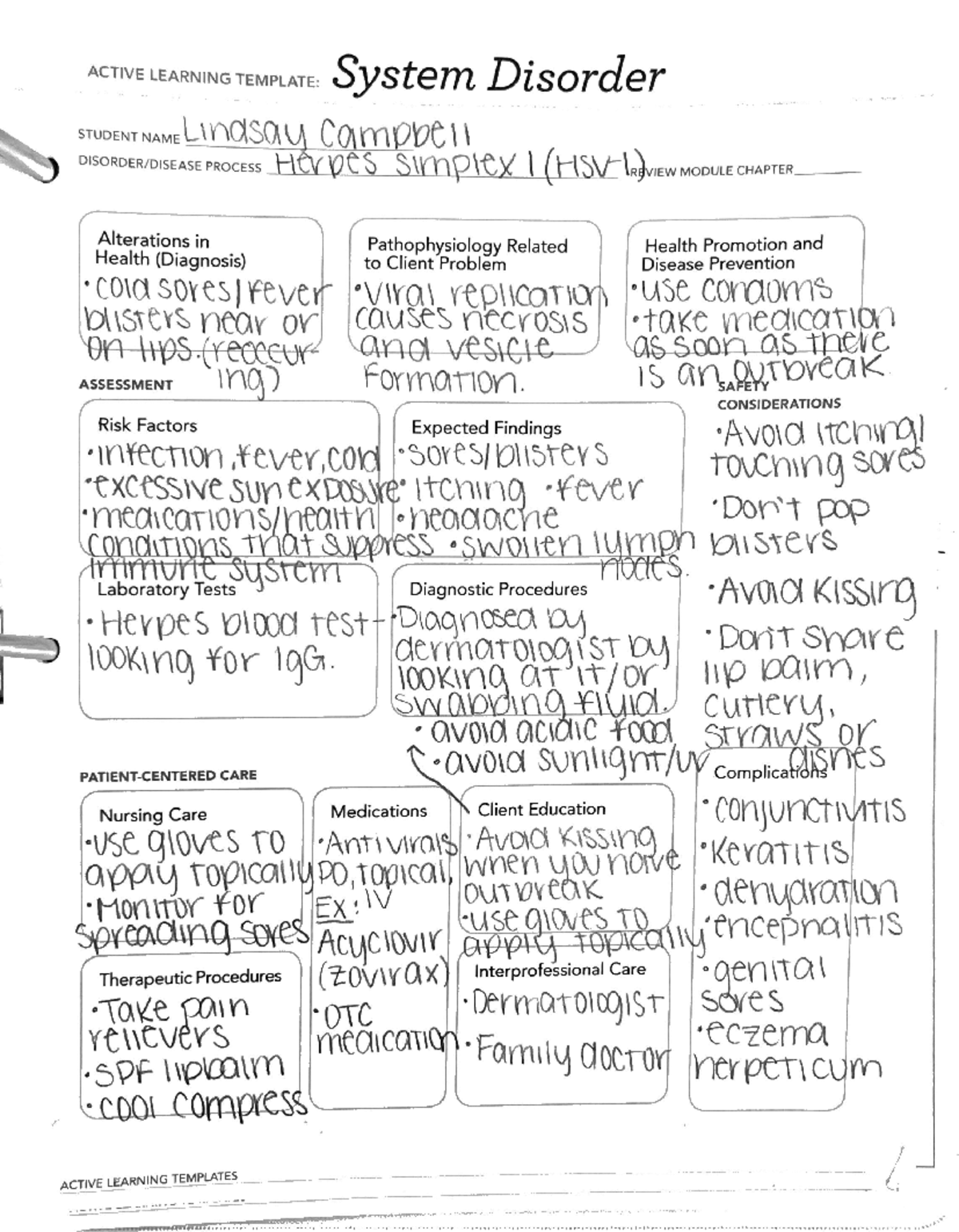 HSV1 ATI Active learning template system disorder diagnosis