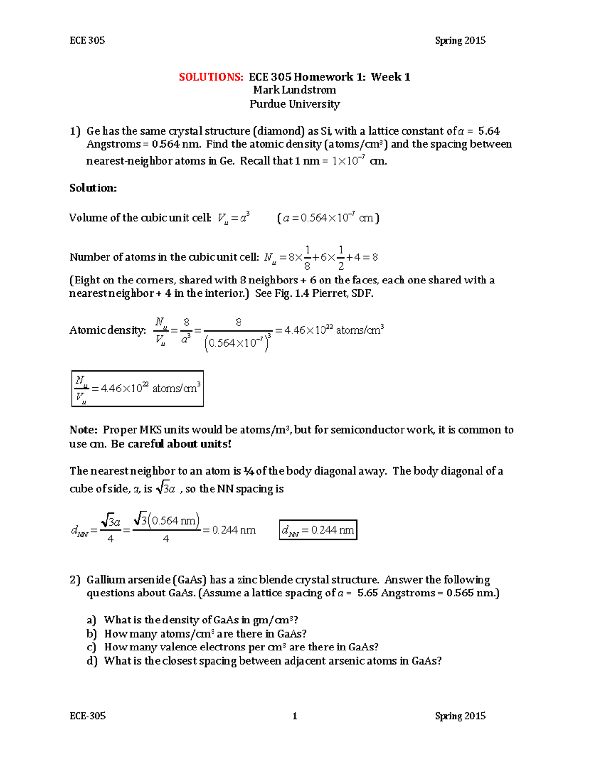 Week1HW S15 Solutionsb - SOLUTIONS: ECE 305 Homework 1: Week 1 Mark ...