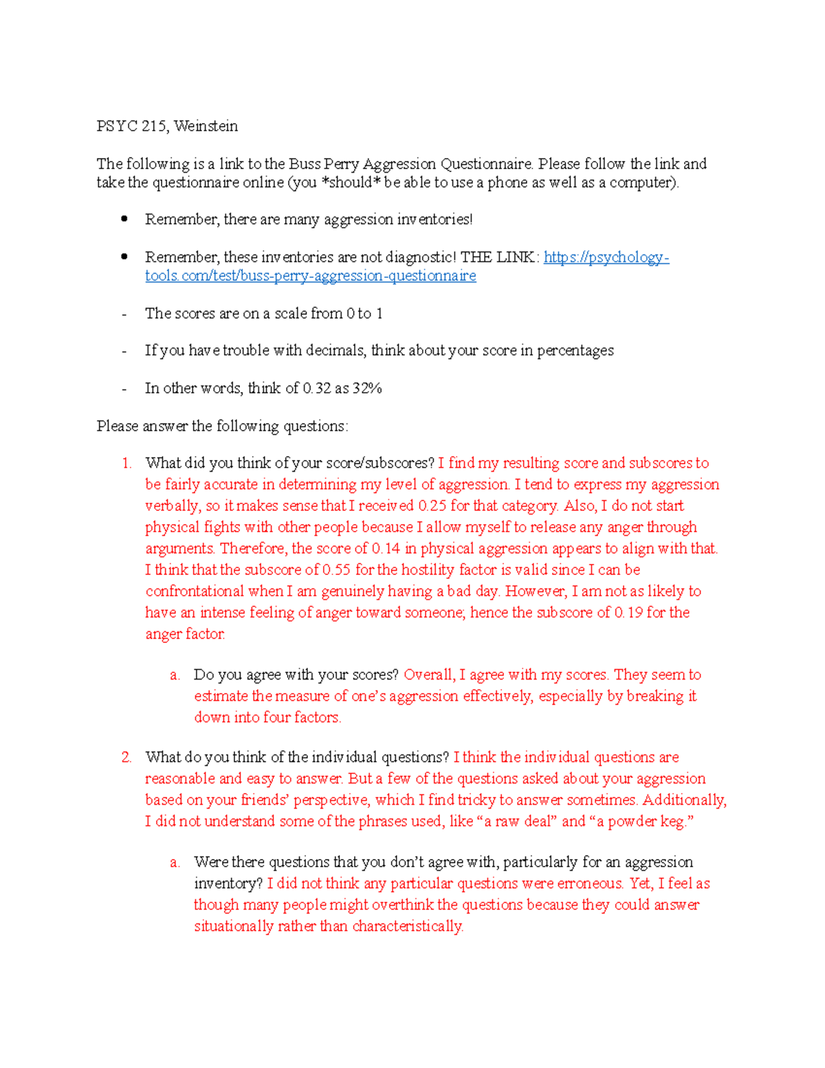 PSYC Social - Aggression Inventory - PSYC 215, Weinstein The following ...