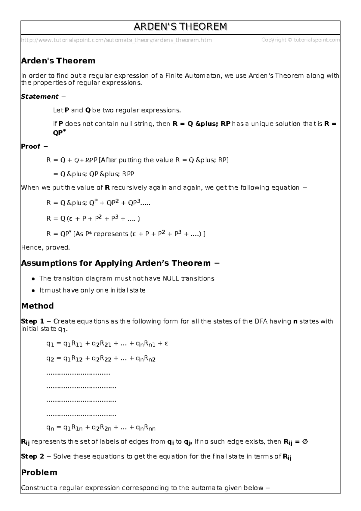 Ardens theorem - Class notes - tutorialspoint/automata_theory/ardens ...