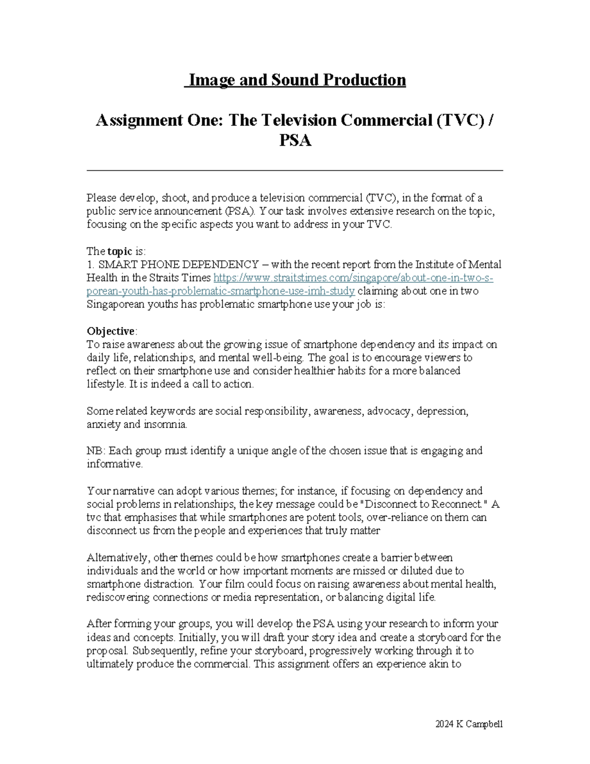 ISP Assignment One(TVC) 2024 Sem 1 - Image and Sound Production ...