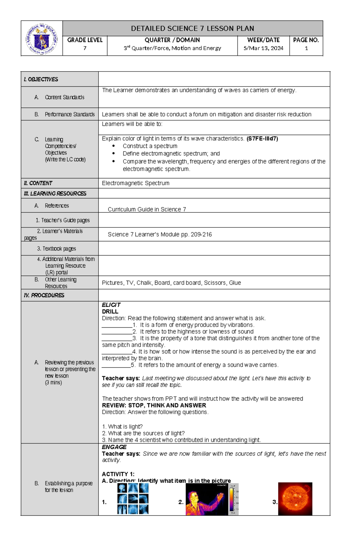 LP SCI7 - EM Spectrum - Lesson Plan For Science 7 Quarter 3 - GRADE ...