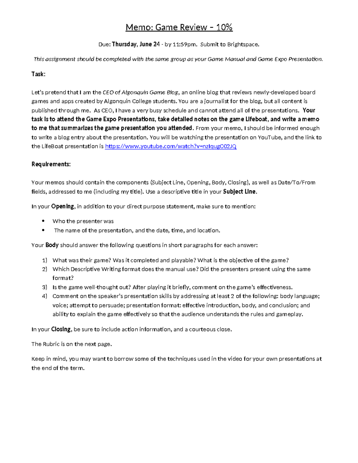Memo - Game Review - NOTES - Memo: Game Review – 10% Due: Thursday ...