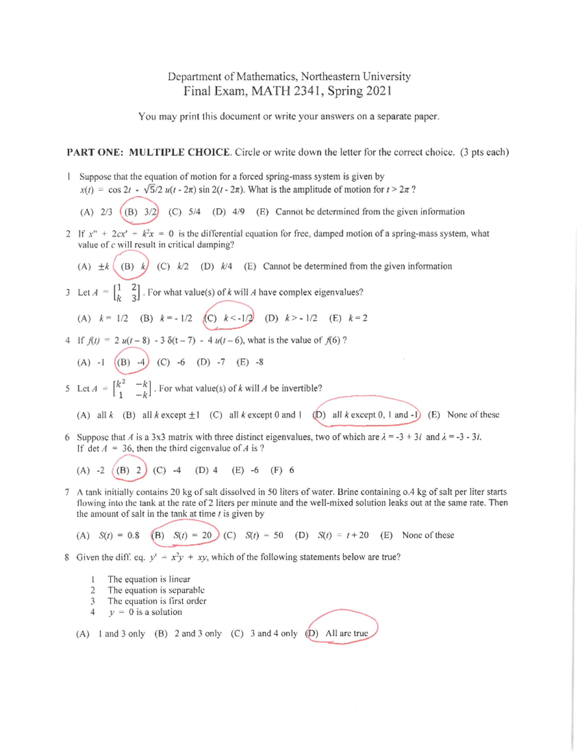 Math2341SP21Final Solutions - MATH 2341 - Studocu
