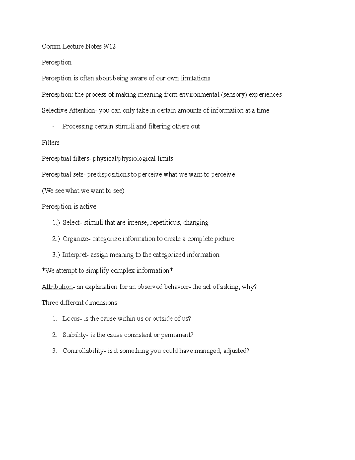 Comm Notes perception - Comm Lecture Notes 9/ Perception Perception is ...