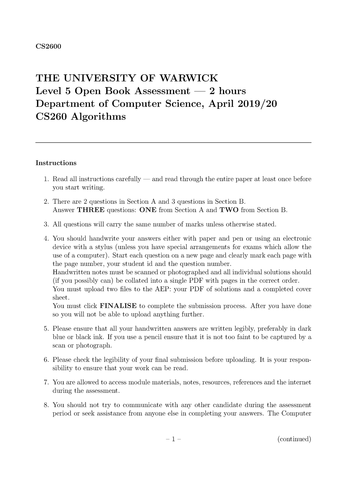 202004 15 Cs260 Exam - THE UNIVERSITY OF WARWICK Level 5 Open Book ...