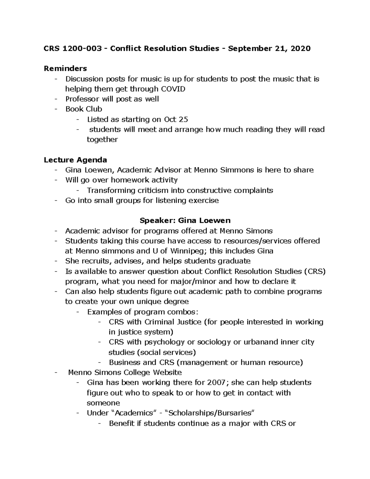 Conflict Resolution Studies - September 21, 2020 - CRS 1200-003 ...