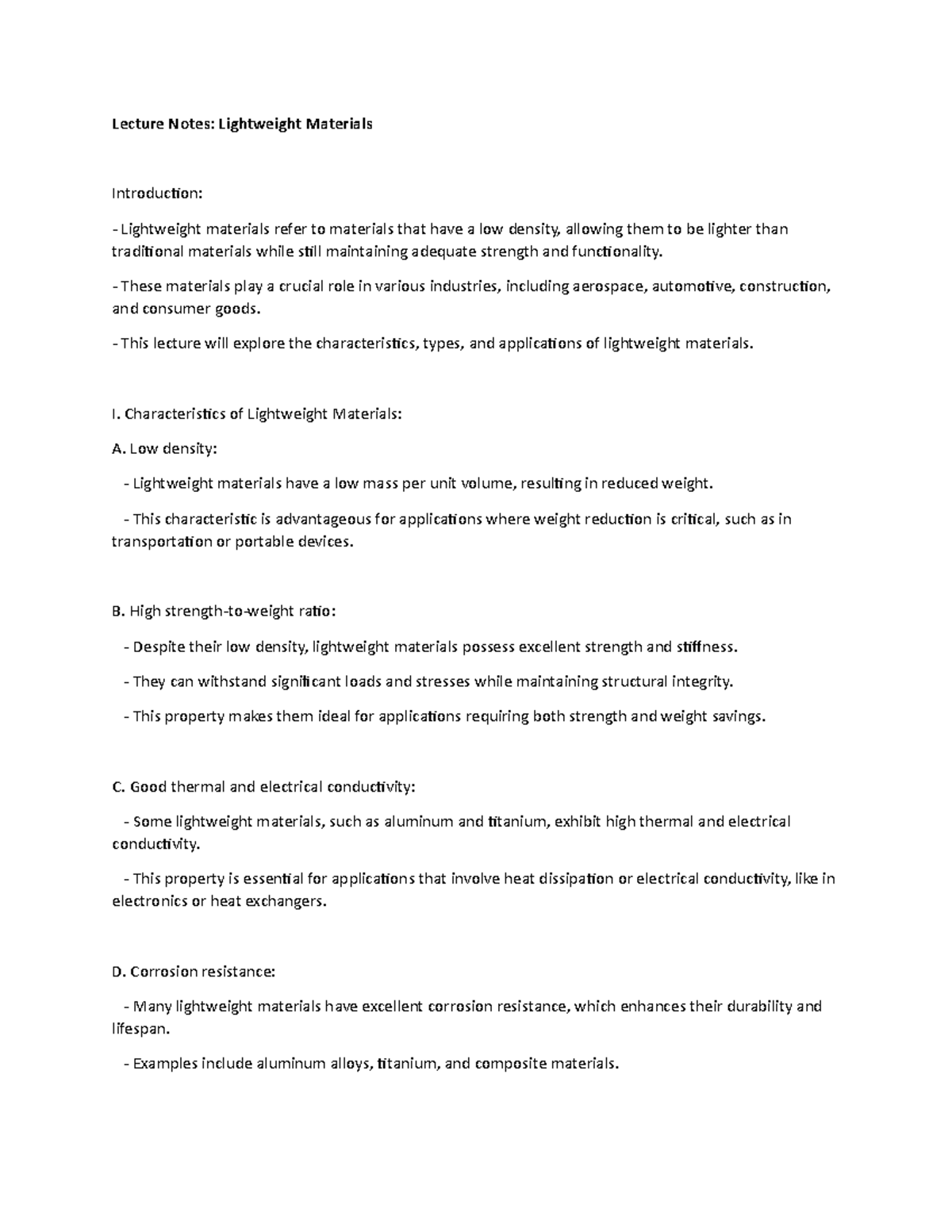 Lecture Notes Lightweight Materials Lecture Notes Lightweight