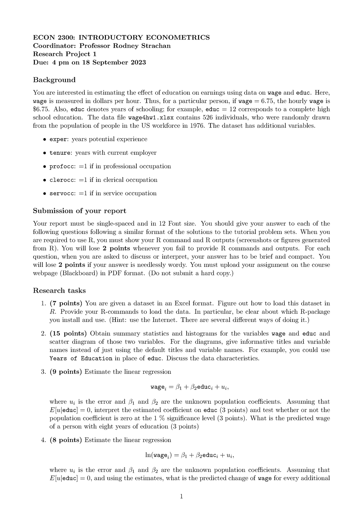 Sem2 2023 Assignment 1 - ECON 2300: INTRODUCTORY ECONOMETRICS ...