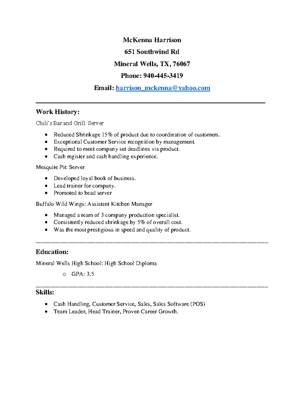 Resume - McKenna Harrison 651 Southwind Rd Mineral Wells, TX, 76067 ...