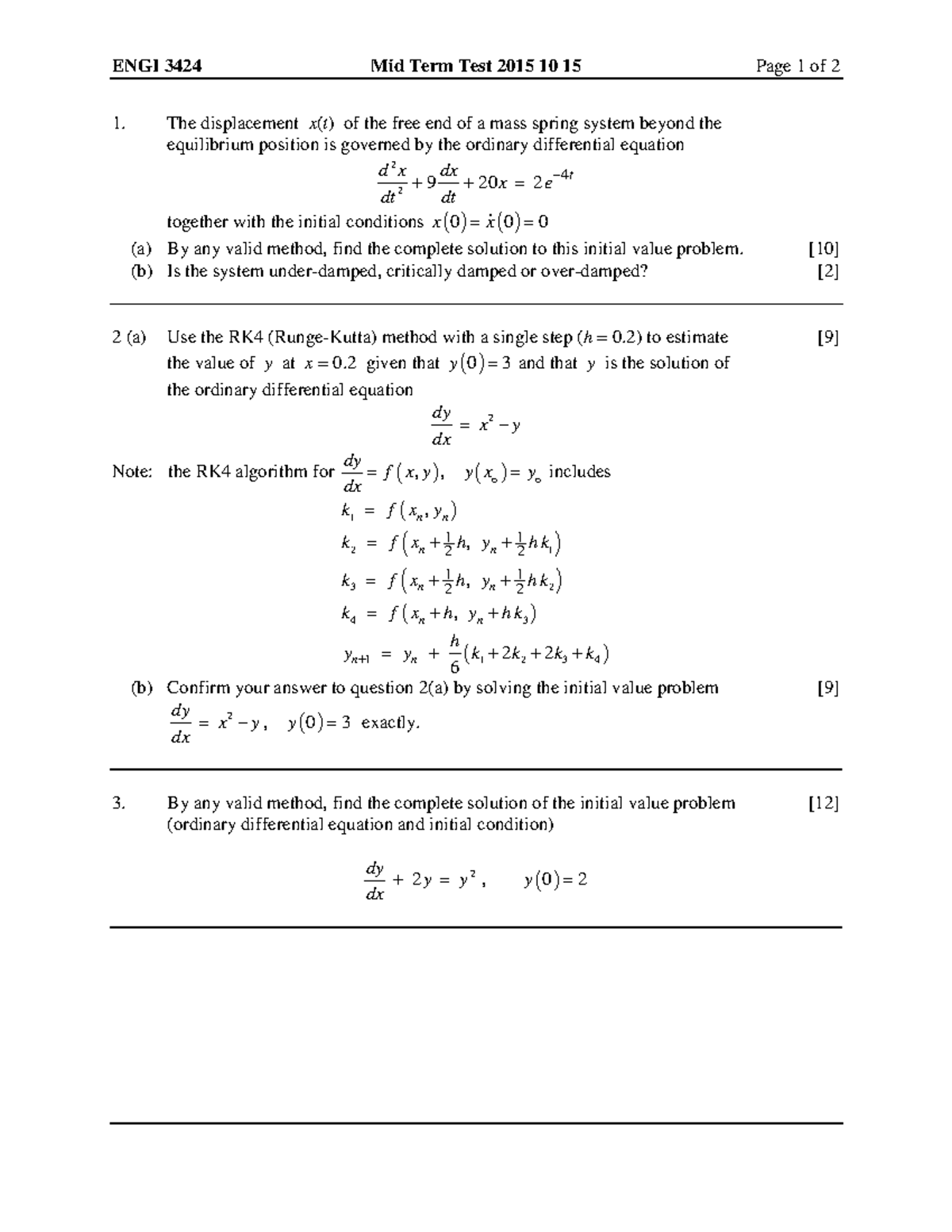 Midterm 2015, questions and answers - ENGI 3424 Mid Term Test 2015 10 ...