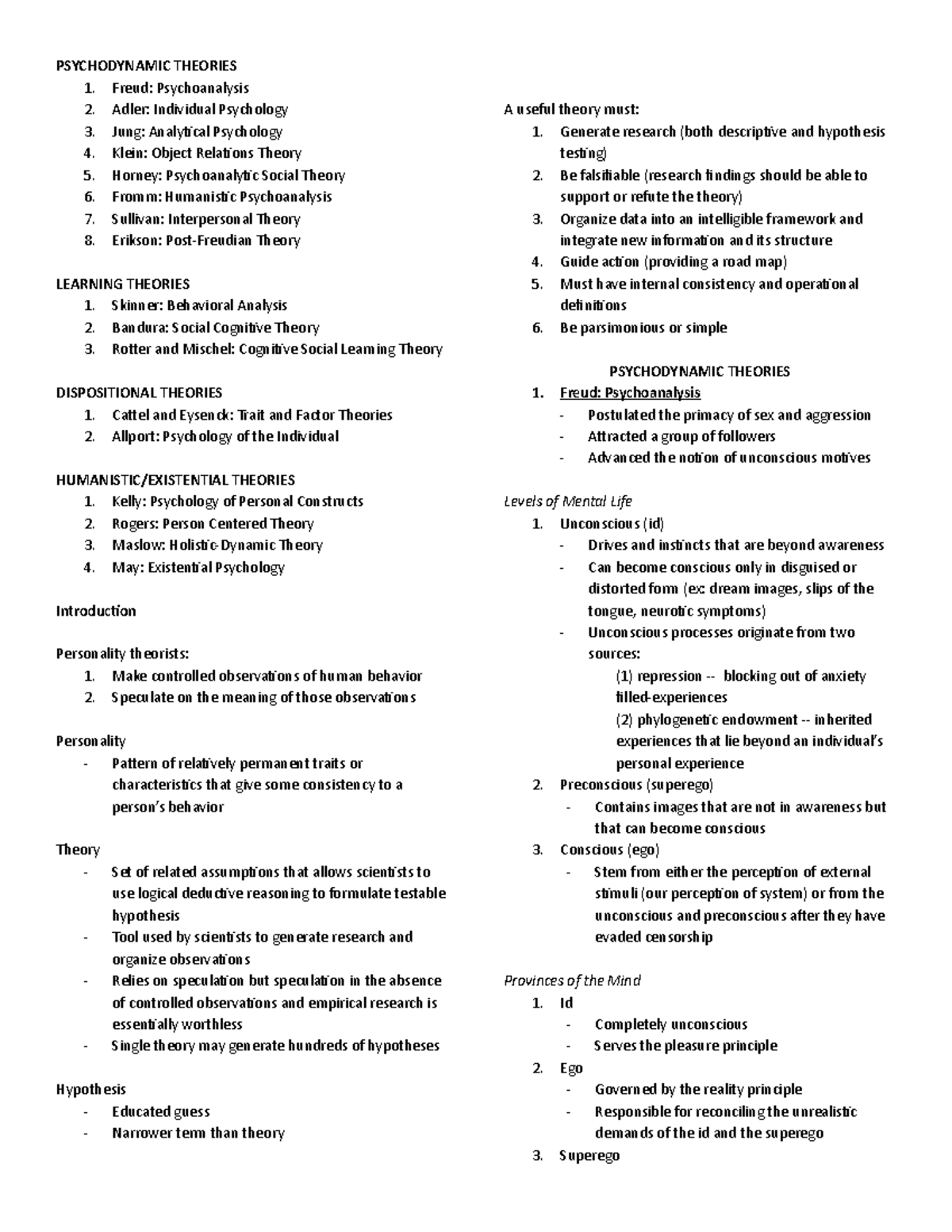 TOP Summary - N/A - PSYCHODYNAMIC THEORIES Freud: Psychoanalysis Adler ...