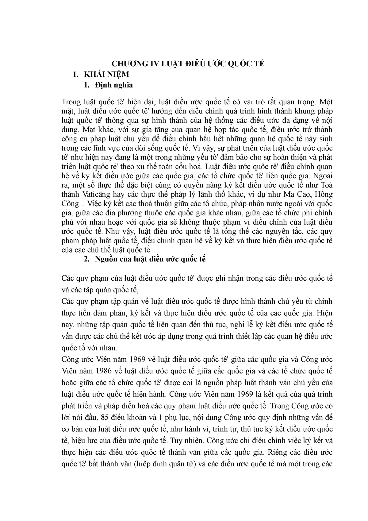 Chương IV Luật điều ước quốc tế nhóm 4 - CHƯƠNG IV LUẬT ĐIÊÙ ƯỚC QUỐC TẾ 1. KHÁI NIỆM 1. Định nghĩa - Studocu