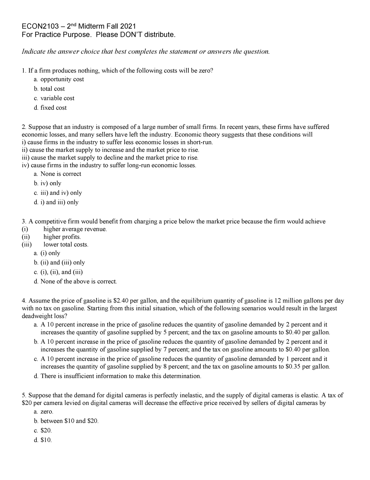 ECON2103 Midterm 2 Fall2021 (for Practice) - ECON2103 – 2nd Midterm ...