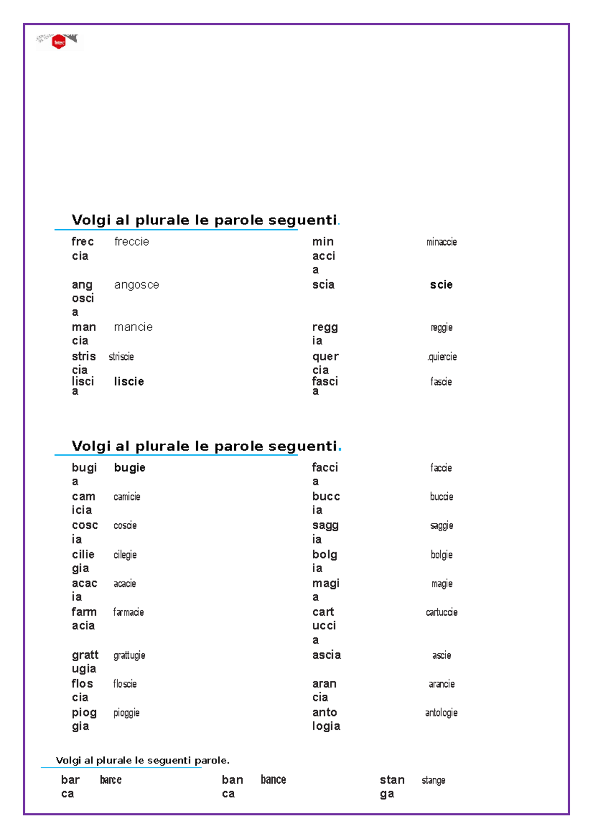 Pratica SHT201 Ejercicios italiano 1 Volgi al plurale le parole