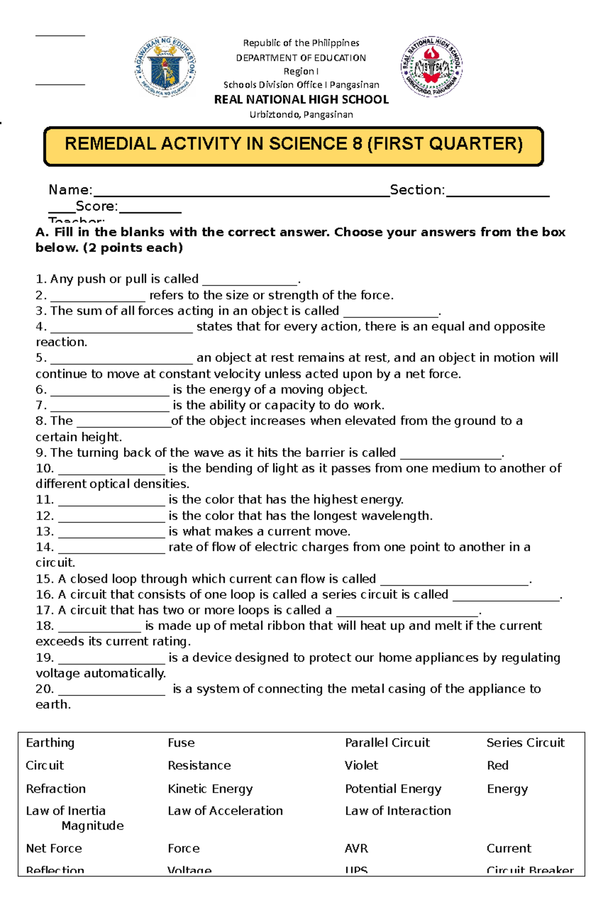 LAS Grade 8 Q1 FOR Remedial - Republic of the Philippines DEPARTMENT OF ...