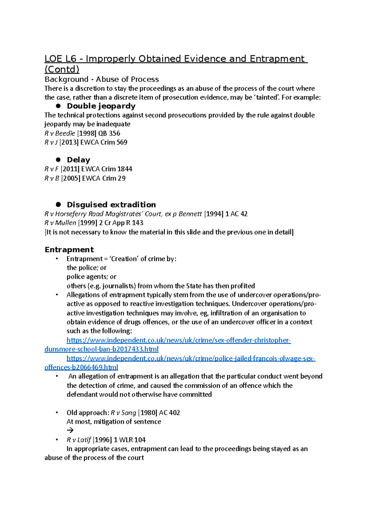 Evidence Law Lecture 6 Notes Entrapment (Contd) LOE L6 Improperly