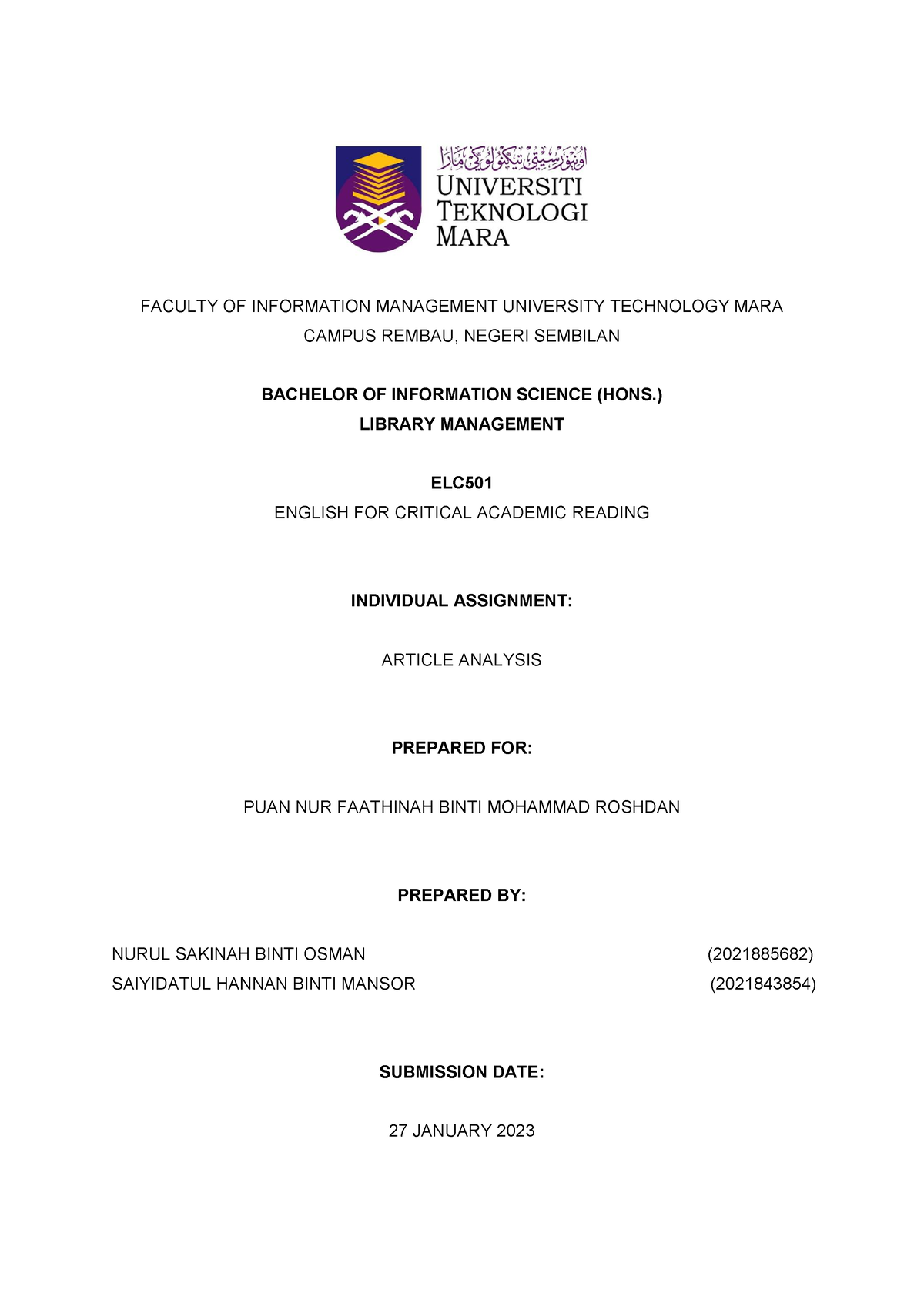 Article Analysis ELC501 - FACULTY OF INFORMATION MANAGEMENT UNIVERSITY ...