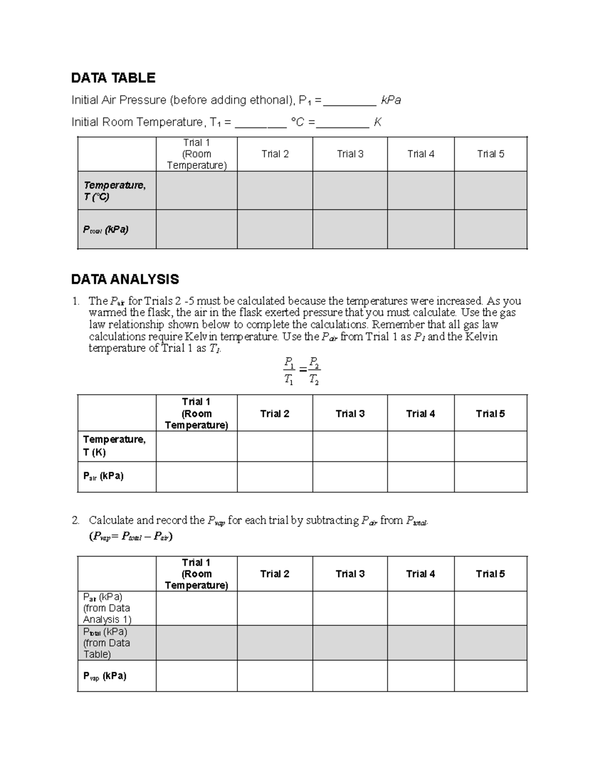 Vapor Pressure DATA Table and Analysis - DATA TABLE Initial Air ...