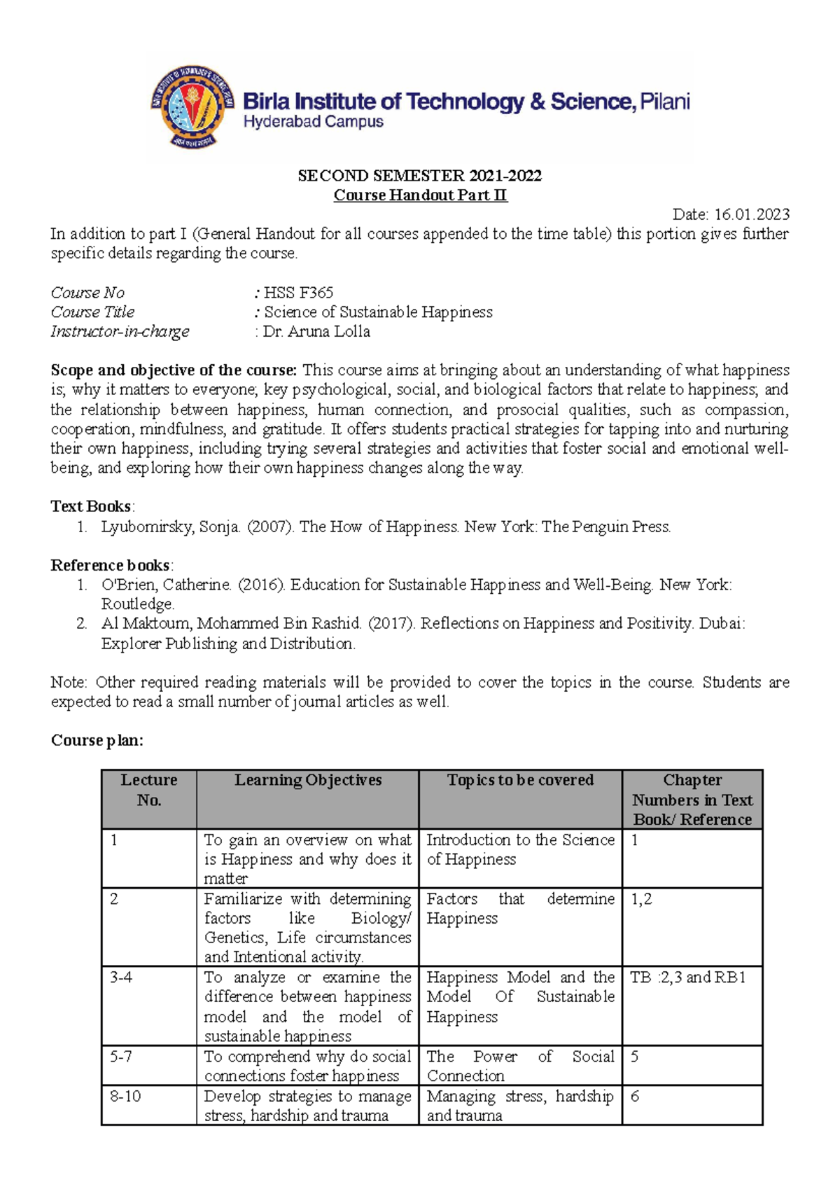 HSS F365 Science OF Sustainable Happine Handout - SECOND SEMESTER 2021 ...