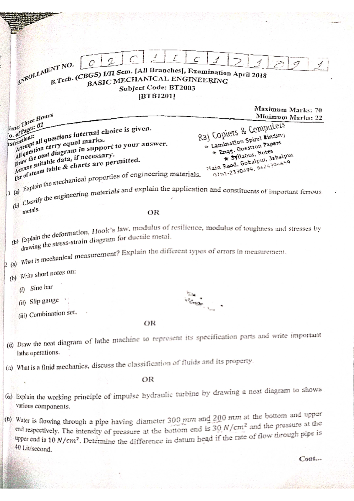 Bme-pyqs - Bme-pyqs - B. (CBGS) Sem. Examination April 2018 BASIC ...