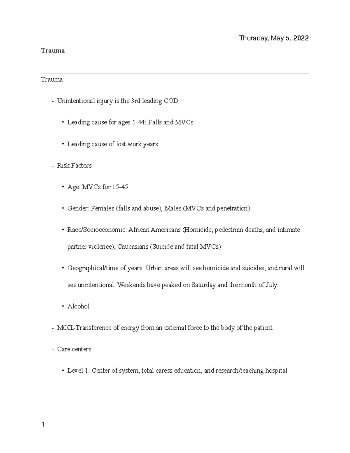 Trauma MS Notes - Trauma Trauma - Unintentional injury is the 3rd ...