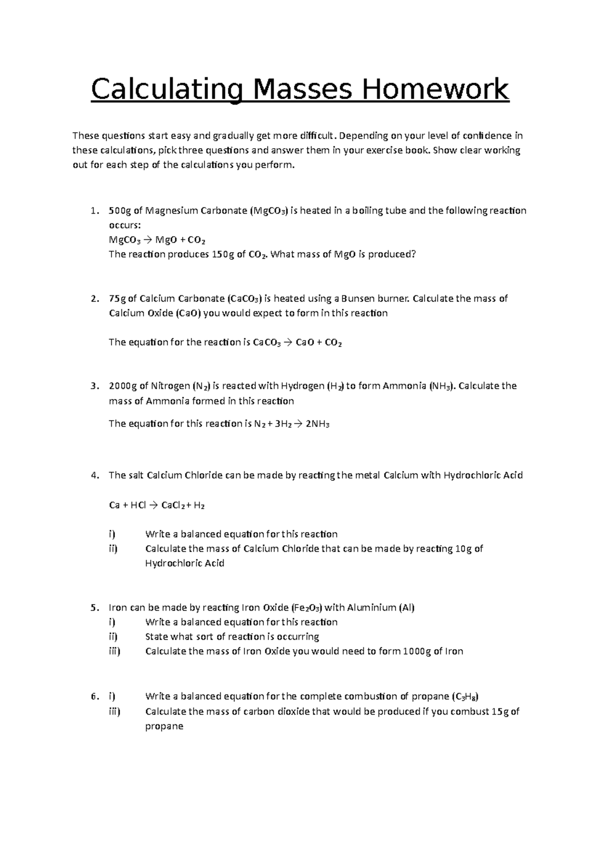 Calculating Masses Homework - Calculating Masses Homework These ...