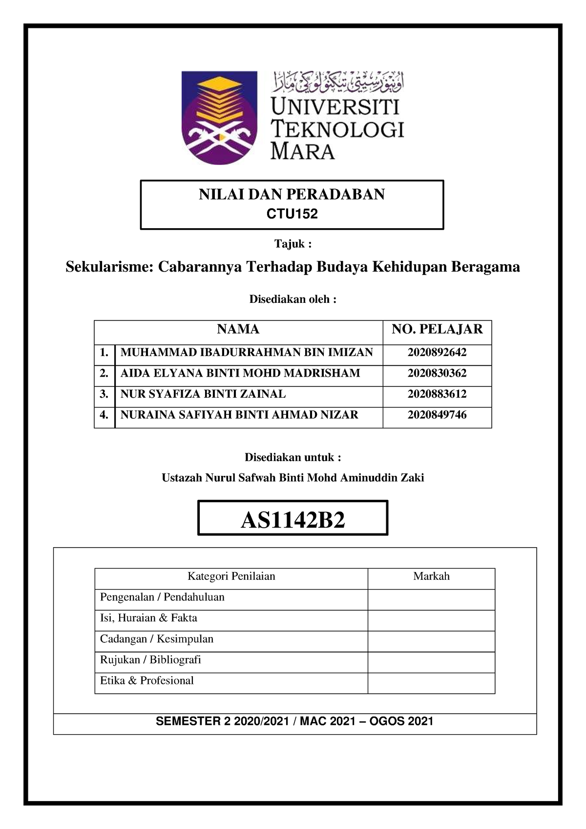 CTU152 Assignment Kertas Kerja - Tajuk : Sekularisme: Cabarannya ...