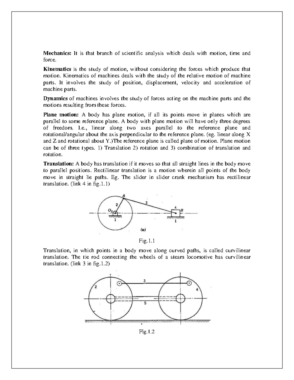 Introduction To Kinematics Of Machinery - UNIT I Mechanics: It Is That ...