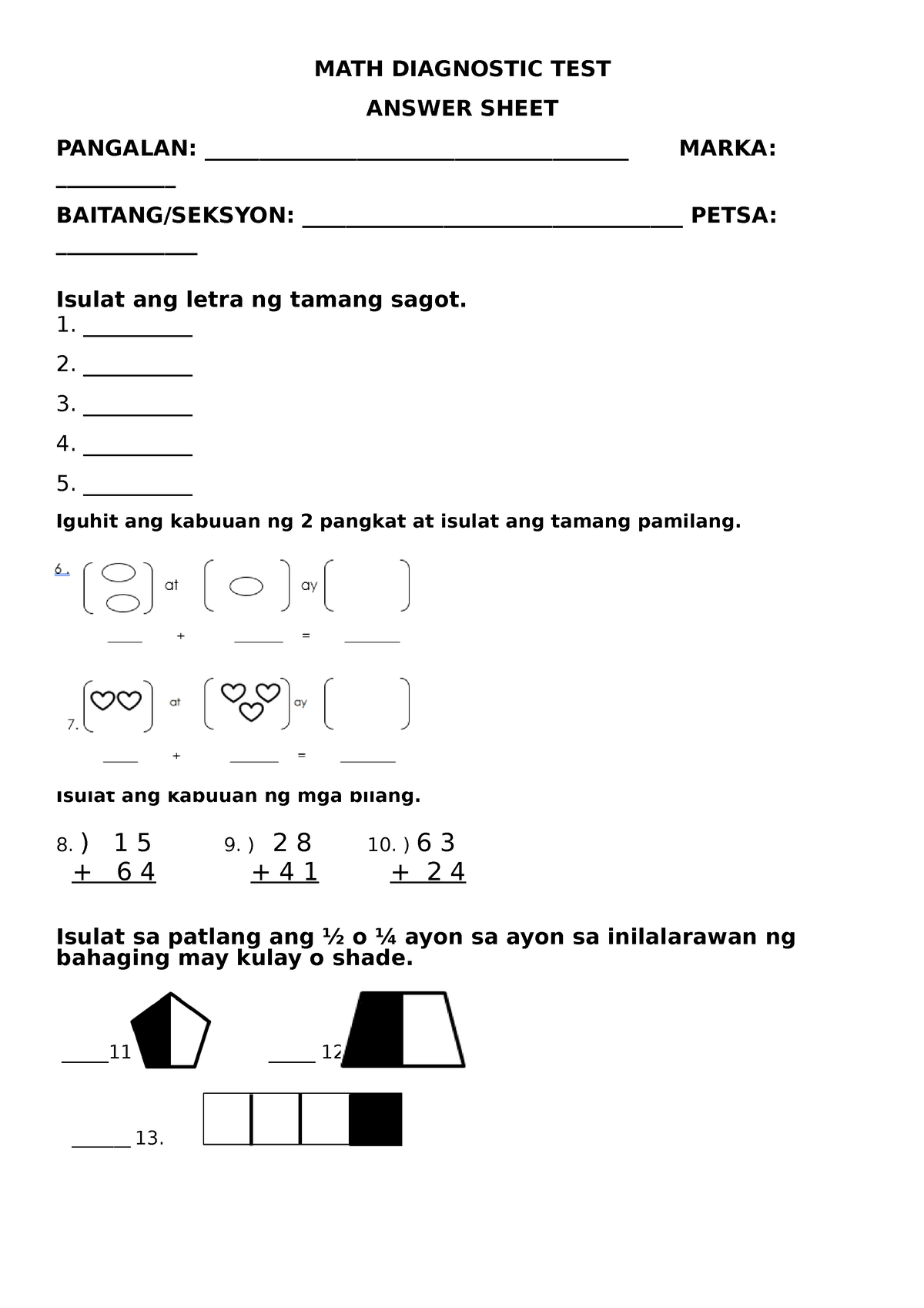 Answer Sheets Diagnostic S MATH DIAGNOSTIC TEST ANSWER SHEET PANGALAN 