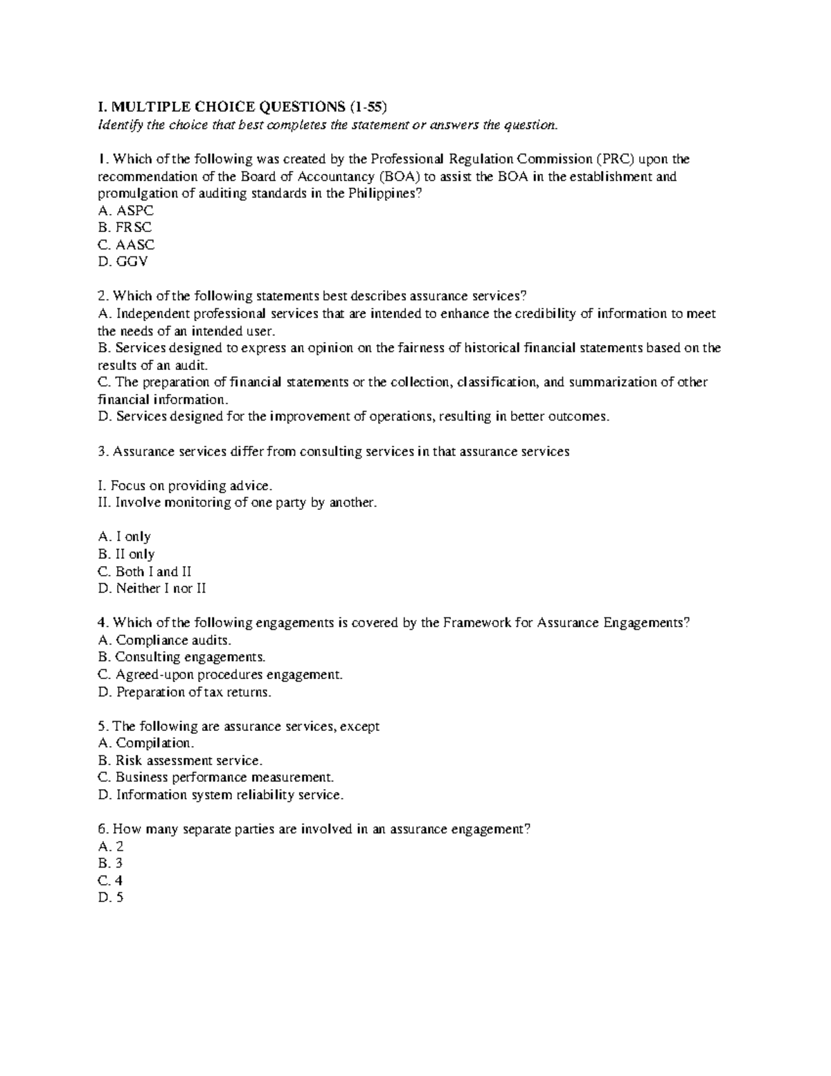 Auditing Theory for Third Year Quiz No. 1 - I. MULTIPLE CHOICE ...