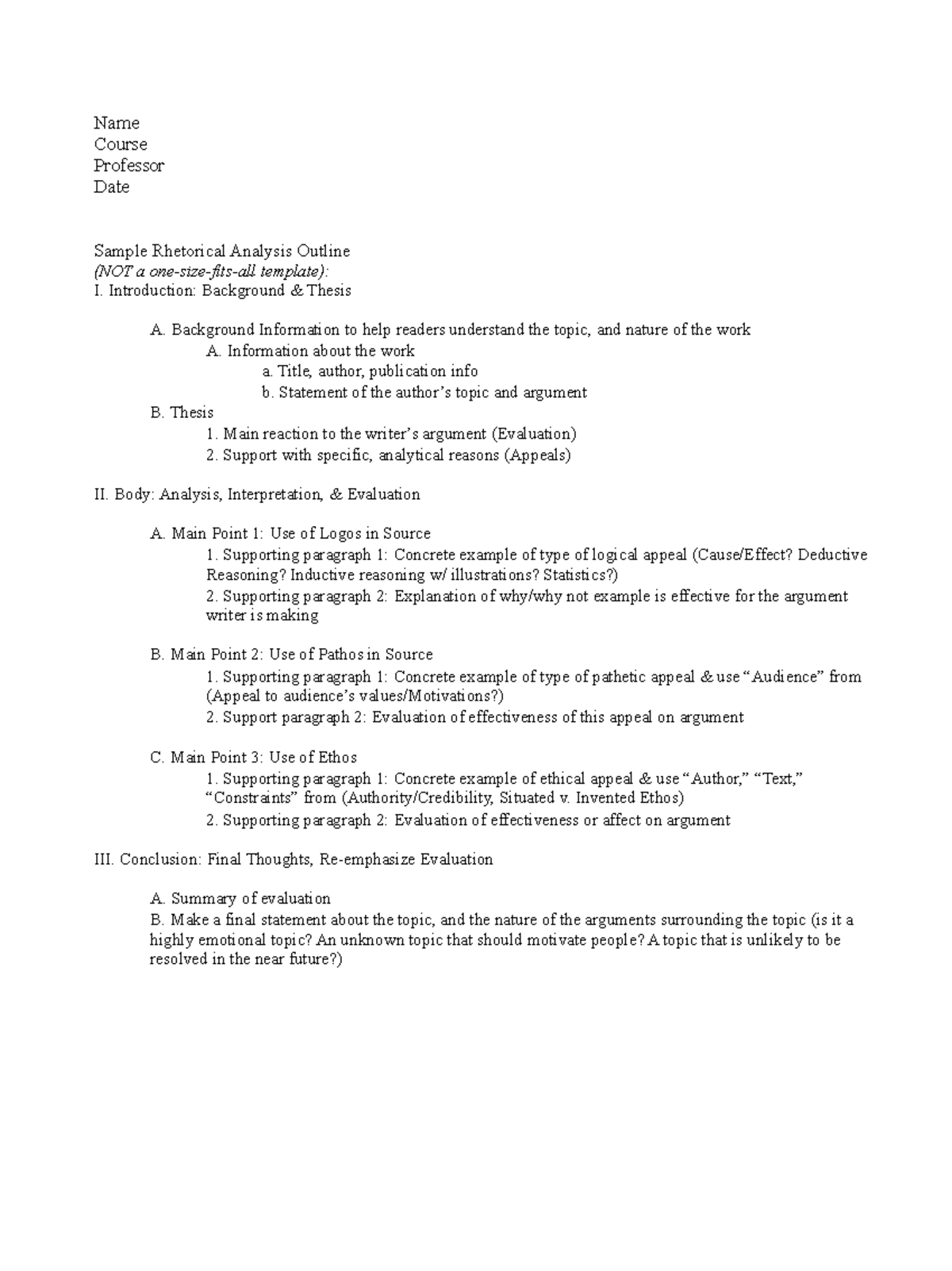 Rhetorical Analysis Outline - ENGL 30 - Ideas & Their Expressions