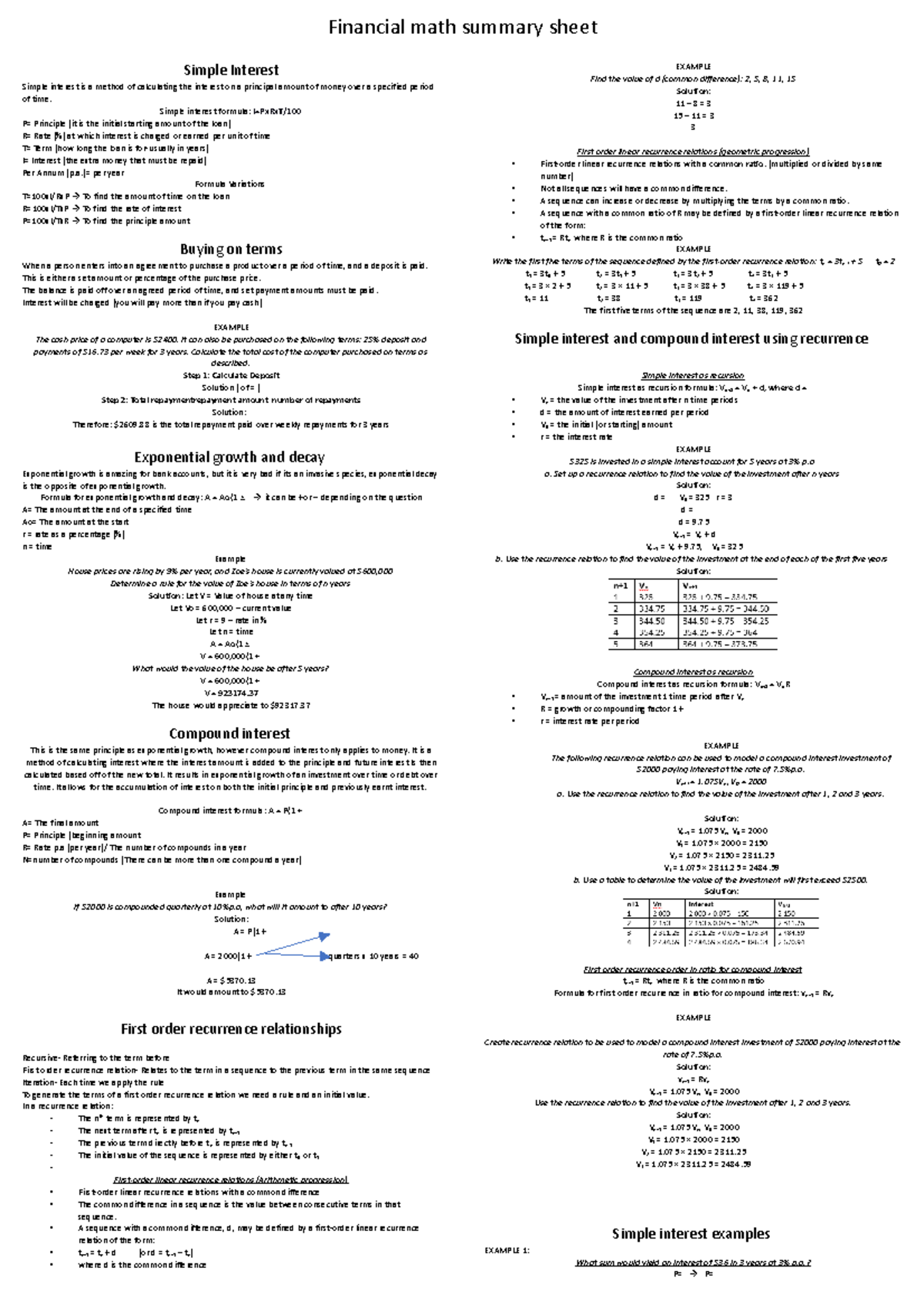 Financial math summary sheet - Financial math summary sheet Simple ...