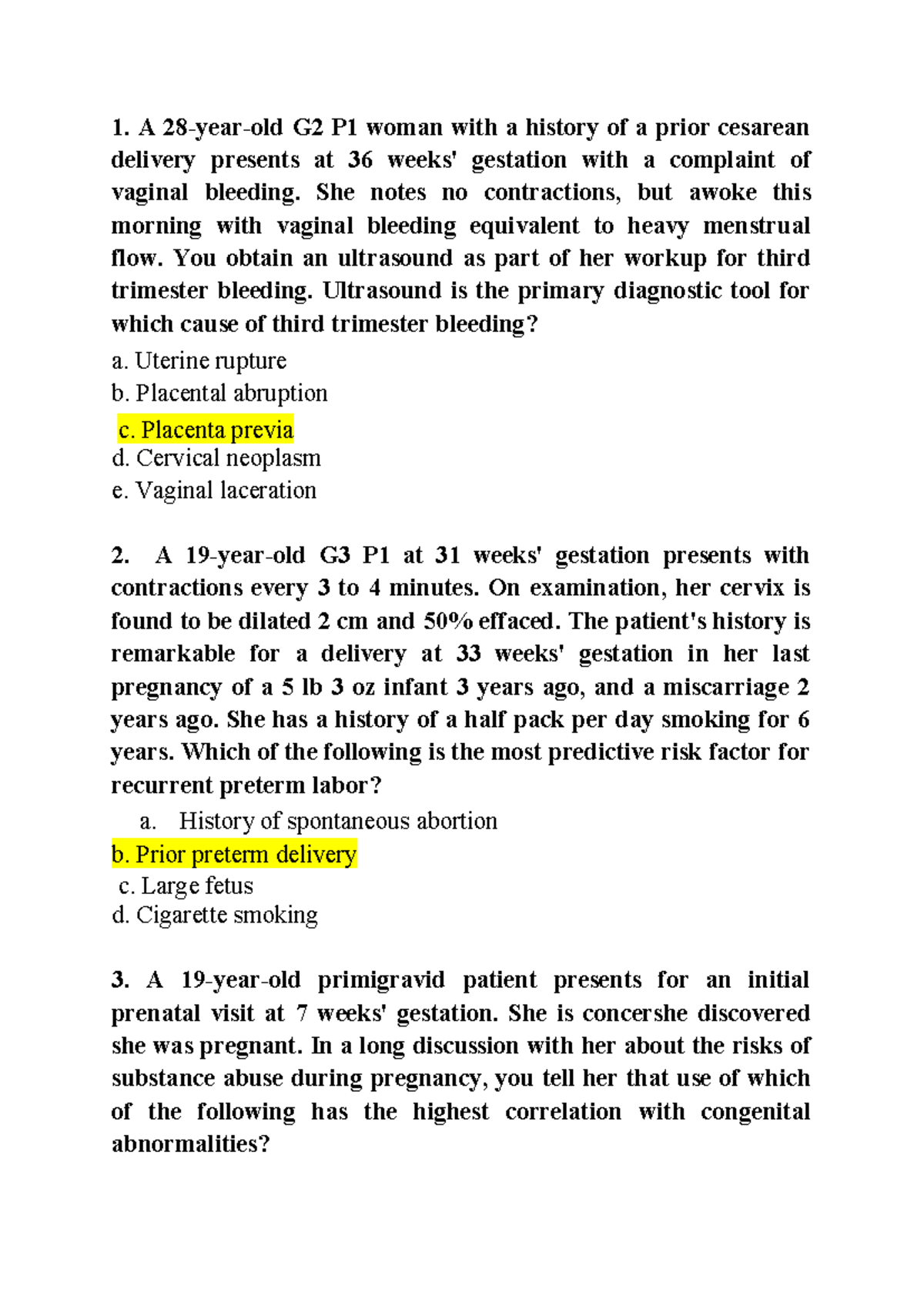 Final exam obstetrics - A 28-year-old G2 P1 woman with a history of a ...