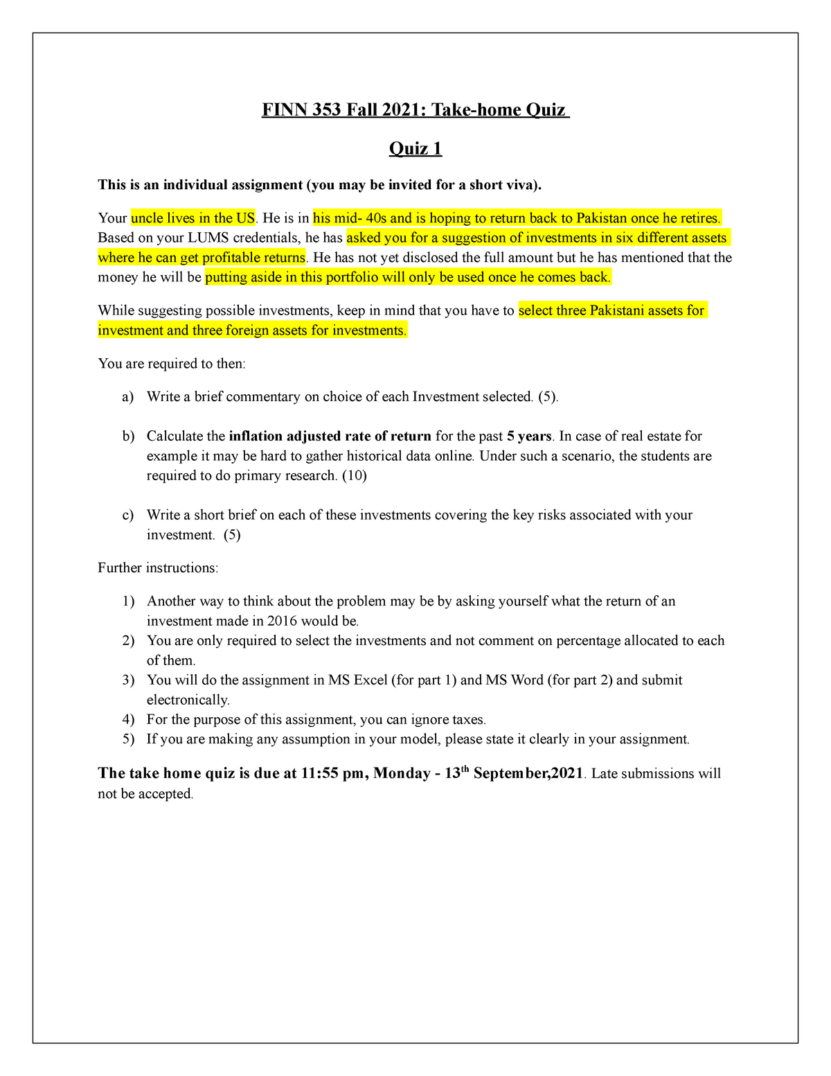 Quiz 1 - Investments FINN 353[12238 ] - FINN 353 Fall 2021: Take-home ...