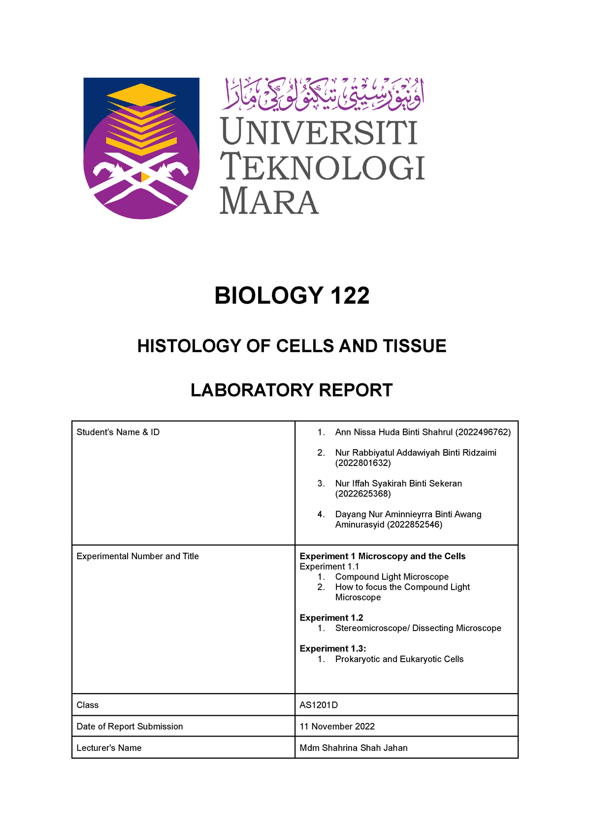 Biology Laboratory Report - BIOLOGY 122 HISTOLOGY OF CELLS AND TISSUE ...