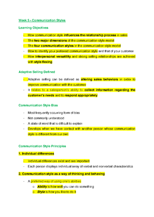 Communication Styles 1 Summary Week Communication Styles Learning Objectives How Communication Style Influences The Relationship Process In Sales The Two Studocu