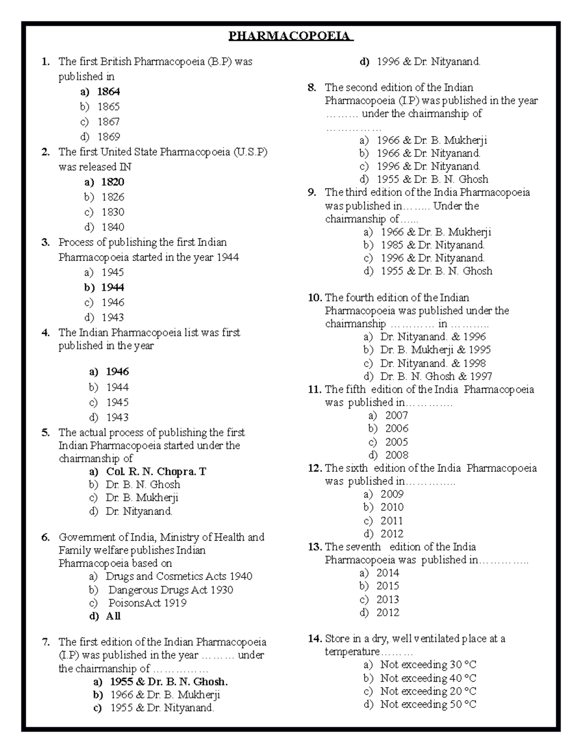  1 Pharmacopoeia MCQ Of Pharmacopeia PHARMACOPOEIA 1 The First 