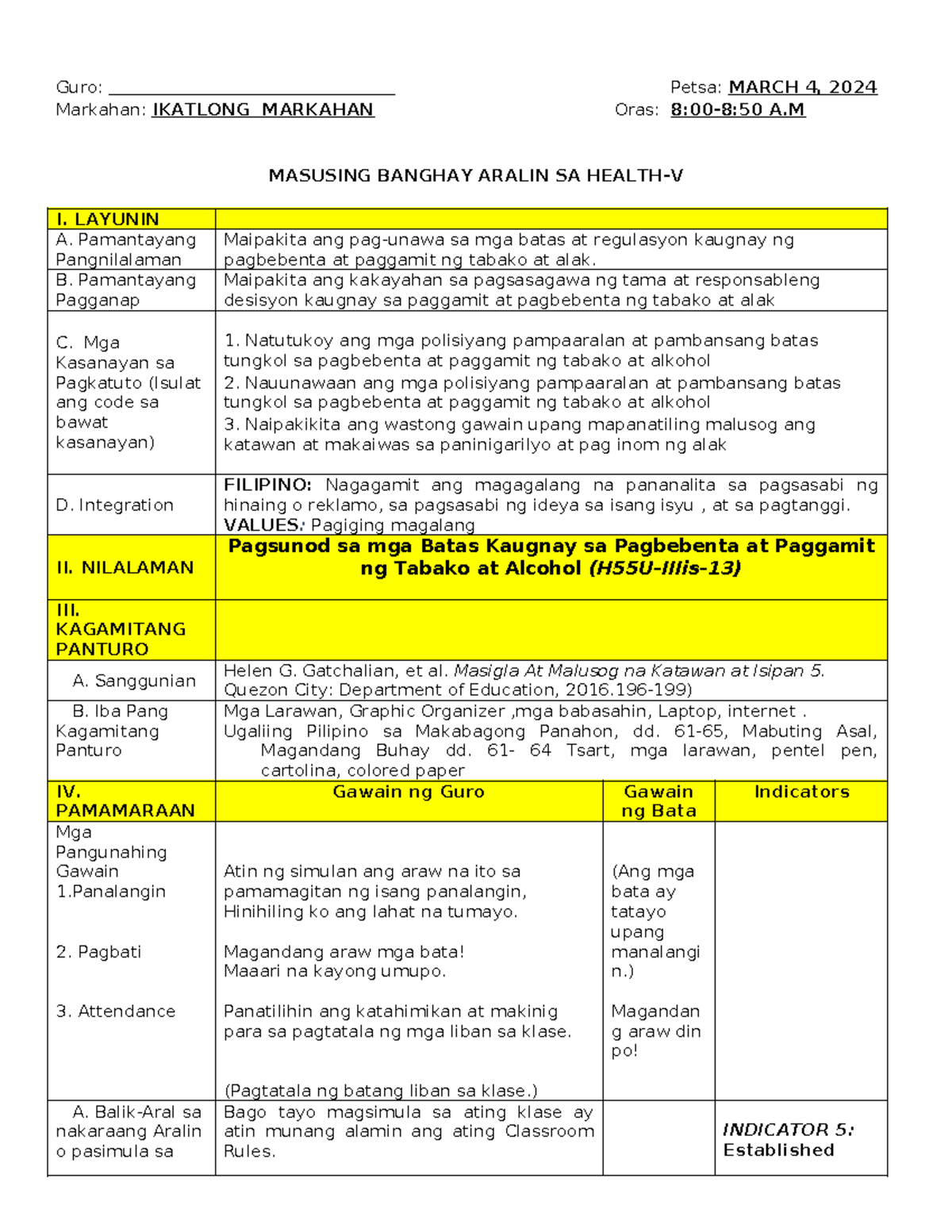 Q3- Health 5 - Guro: Petsa: MARCH 4, 2024 Markahan: IKATLONG MARKAHAN ...