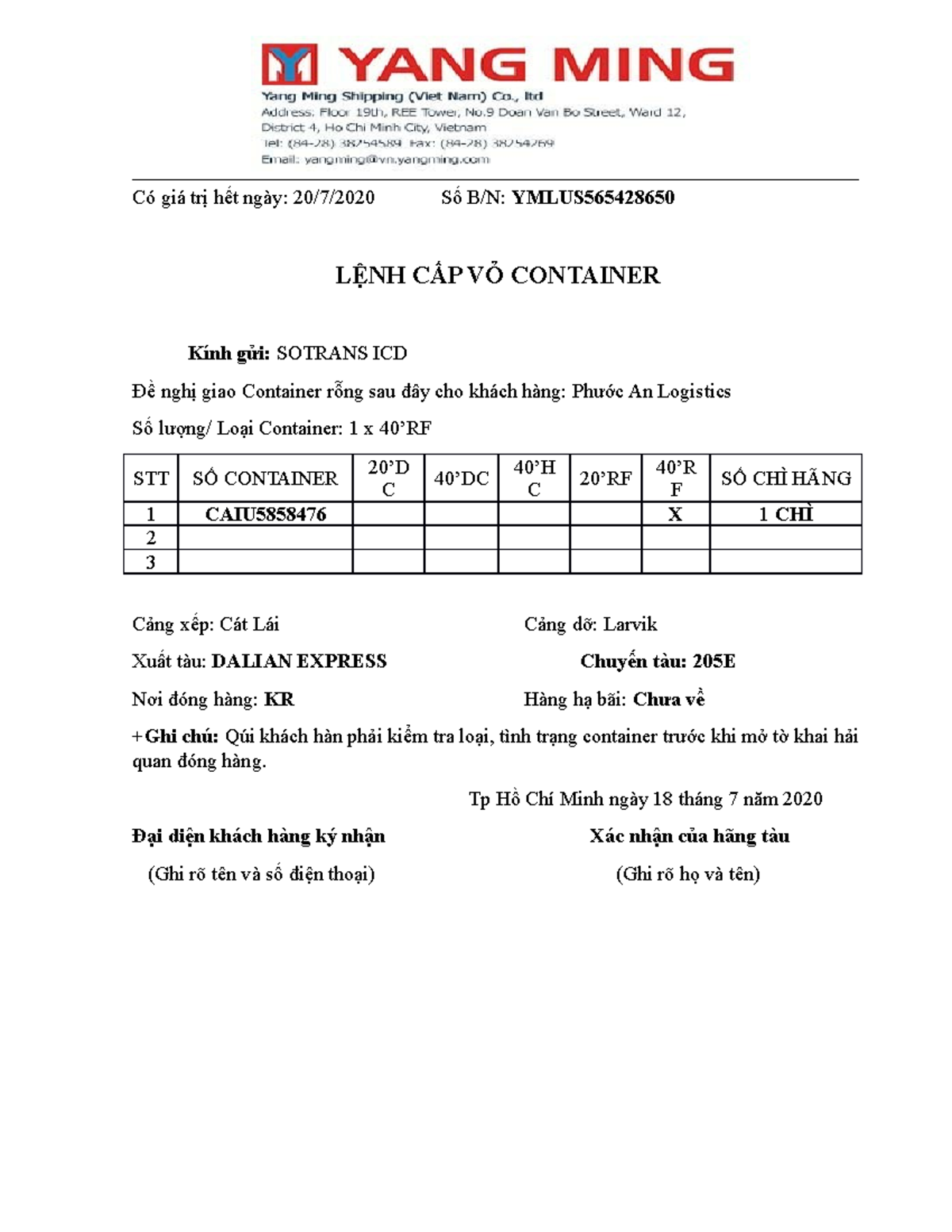 LỆNH CẤP VỎ Container - hợp đồng - Có giá trị hết ngày: 20/7/2020 Số B ...
